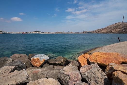 Cartagena bay, Cartagena city is in the background, Murcia, Spain.