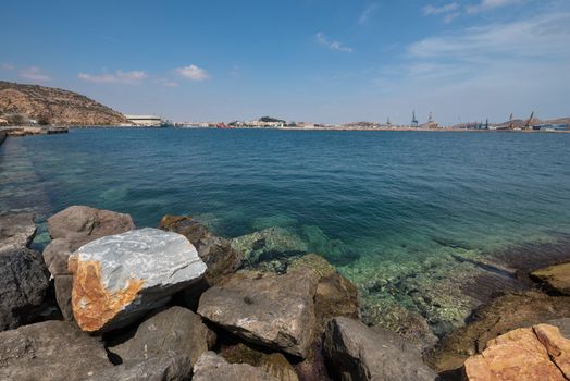 Cartagena bay, Cartagena city is in the background, Murcia, Spain.