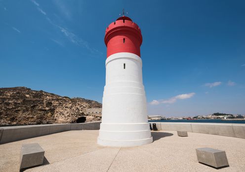 Christmas Lighthouse in Cartagena harbor, Murcia, Spain.