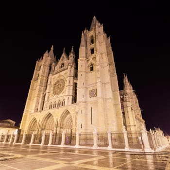 Leon cathedral at night, Leon, Spain.