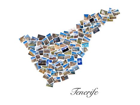 A collage of my best travel photos of Tenerife, forming the shape of Tenerife island, version 4.