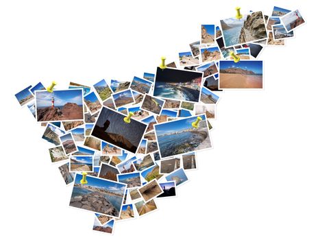 A collage of my best travel photos of Tenerife, forming the shape of Tenerife island.  Yellow pushpin showing the locations of most famous Tenerife Landmarks. Version 5.