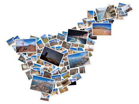 A collage of my best travel photos of Tenerife, forming the shape of Tenerife island, version 7.