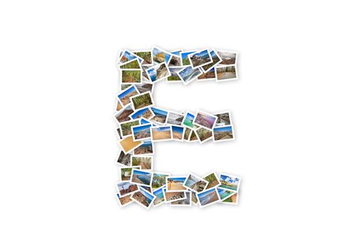 Letter E uppercase font shape alphabet collage made of my best landscape photographs. Version 1.