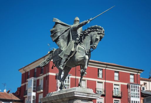 Ancient statue of medeival spanish soldier Rodrigo diaz de Vivar, El Cid in Burgos, Spain.