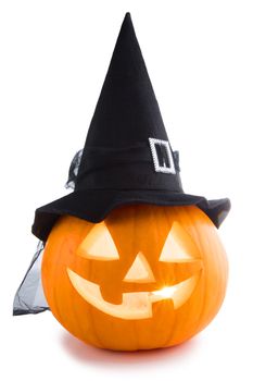 Jack O Lantern Halloween pumpkin with witches hat isolated on white background