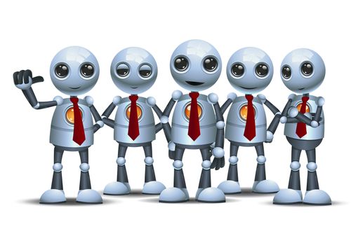 illustration of a little robot with team on isolated white background
