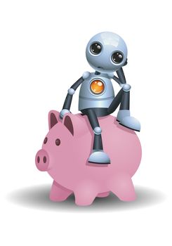 illustration of a little robot sit on piggy bank on isolated white background