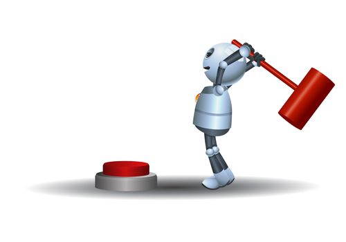 illustration of a little robot try to hit button with hammer on isolated white background