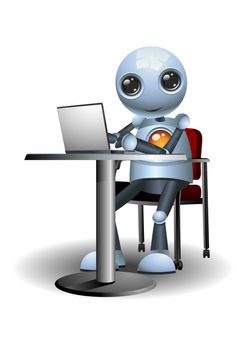 illustration of a little robot using laptop on desk on isolated white background