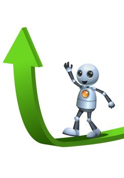 illustration of a little robot walking on top of ascending arrow on isolated white background