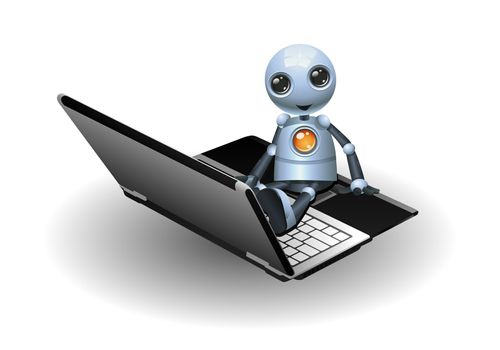 illustration of a little robot sit on laptop on isolated white background