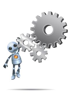 illustration of a happy droid little robot hanging on gears on isolated white background