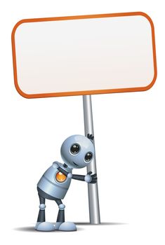 illustration of a happy droid little little robot hold sign on isolated white background