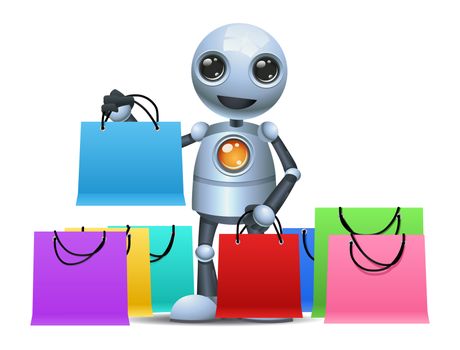 illustration of a happy droid  little robot hold shopping bags on isolated white background