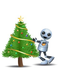 illustration of a happy droid little robot hug christmas tree on isolated white background