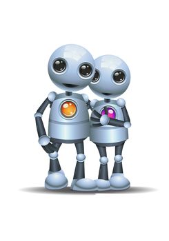 illustration of a happy droid little robot couple walking on isolated white background