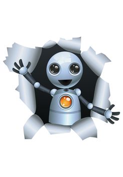 illustration of a happy droid little robot emerging the wall on isolated white background