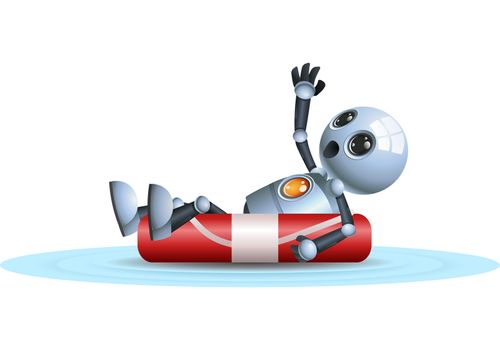 illustration of a happy droid little robot floating on life buoy on isolated white background