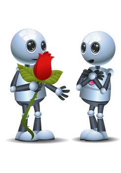 illustration of a happy droid little robot giving rose to his mate on isolated white background