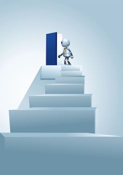 illustration of a happy droid little robot entering heavenly door on isolated white background