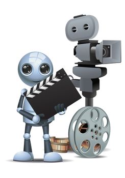 illustration of a happy droid little robot hold movie tool on isolated white background