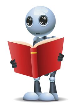 illustration of a happy droid little robot hold and reading red book on isolated white background