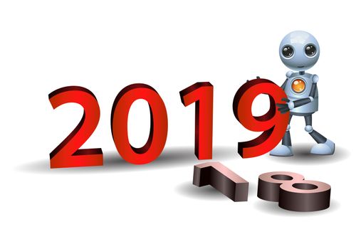 illustration of a happy droid little robot hold 2019 symbol on isolated white background
