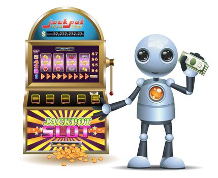 illustration of a happy droid little robot hold a lot of money from gambling on isolated white background