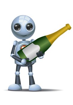 illustration of a happy droid little robot hold champagne bottle on isolated white background