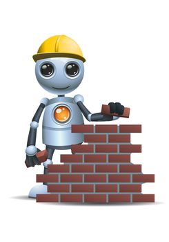 illustration of a happy droid little robot hold brick then building wall on isolated white background