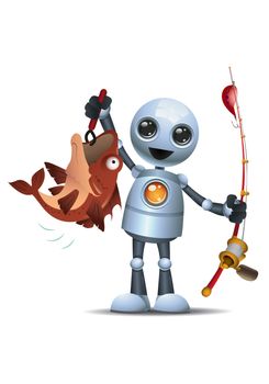 illustration of a happy droid little robot hold big fish after fishing on isolated white background