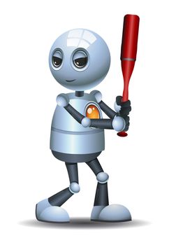 illustration of a happy droid little robot hold baseball club on isolated white background