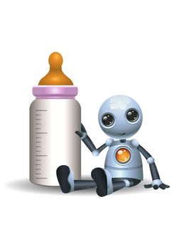 illustration of a happy droid little robot hold baby bottle on isolated white background