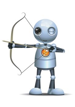 illustration of a happy droid little robot hold archer bow on isolated white background