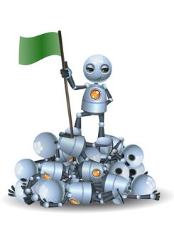 illustration of a happy droid little robot hold flag on top of pile of other robots on isolated white background