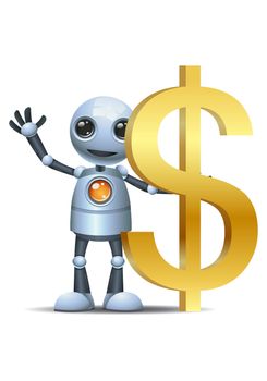 illustration of a happy droid little robot hold dollar symbol on isolated white background