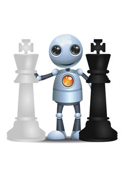 illustration of a happy droid little robot hold chess piece on isolated white background