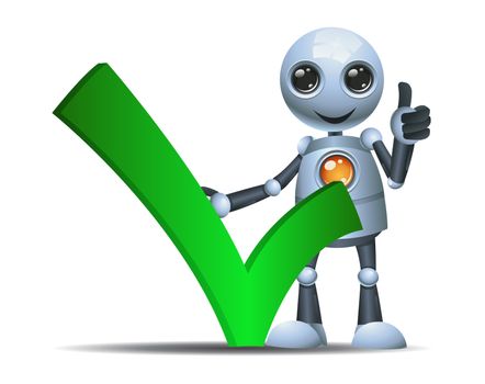 illustration of a happy droid little robot hold check symbol on isolated white background