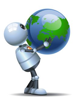 illustration of a happy droid little robot hold globe on isolated white background