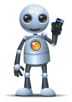 illustration of a happy droid little robot hold mobile phone for calling on isolated white background