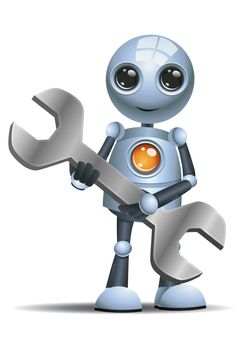 illustration of a happy droid little robot hold mechanic tool wrench on isolated white background