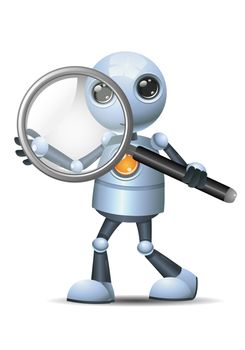 illustration of a happy droid little robot hold magnifier glass on isolated white background