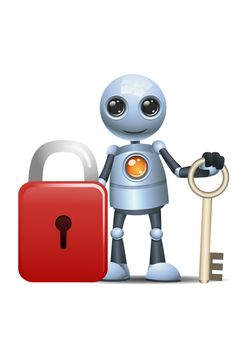 illustration of a happy droid little robot hold key for security pad lock on isolated white background