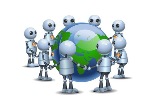 illustration of a happy droid little robot holding hand arround the globe on isolated white background