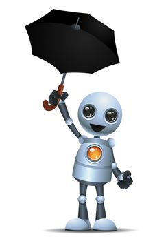 illustration of a happy droid little robot hold umbrella on isolated white background