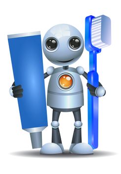 illustration of a happy droid little robot hold tooth brush and paste on isolated white background