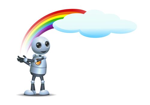 illustration of a happy droid little robot hold rainbow on isolated white background
