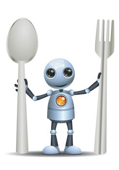 illustration of a happy droid little robot hold spoon and fork on isolated white background