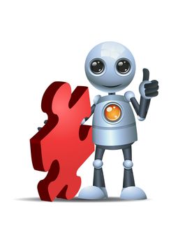 illustration of a happy droid little robot hold puzzle piece on isolated white background